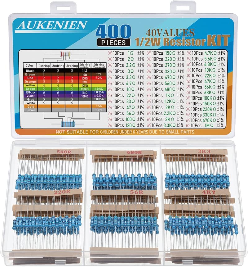 AUKENIEN 1/2W Resistor Kit 40 Values 400pcs Metal Film Resistors RoHS ±1%