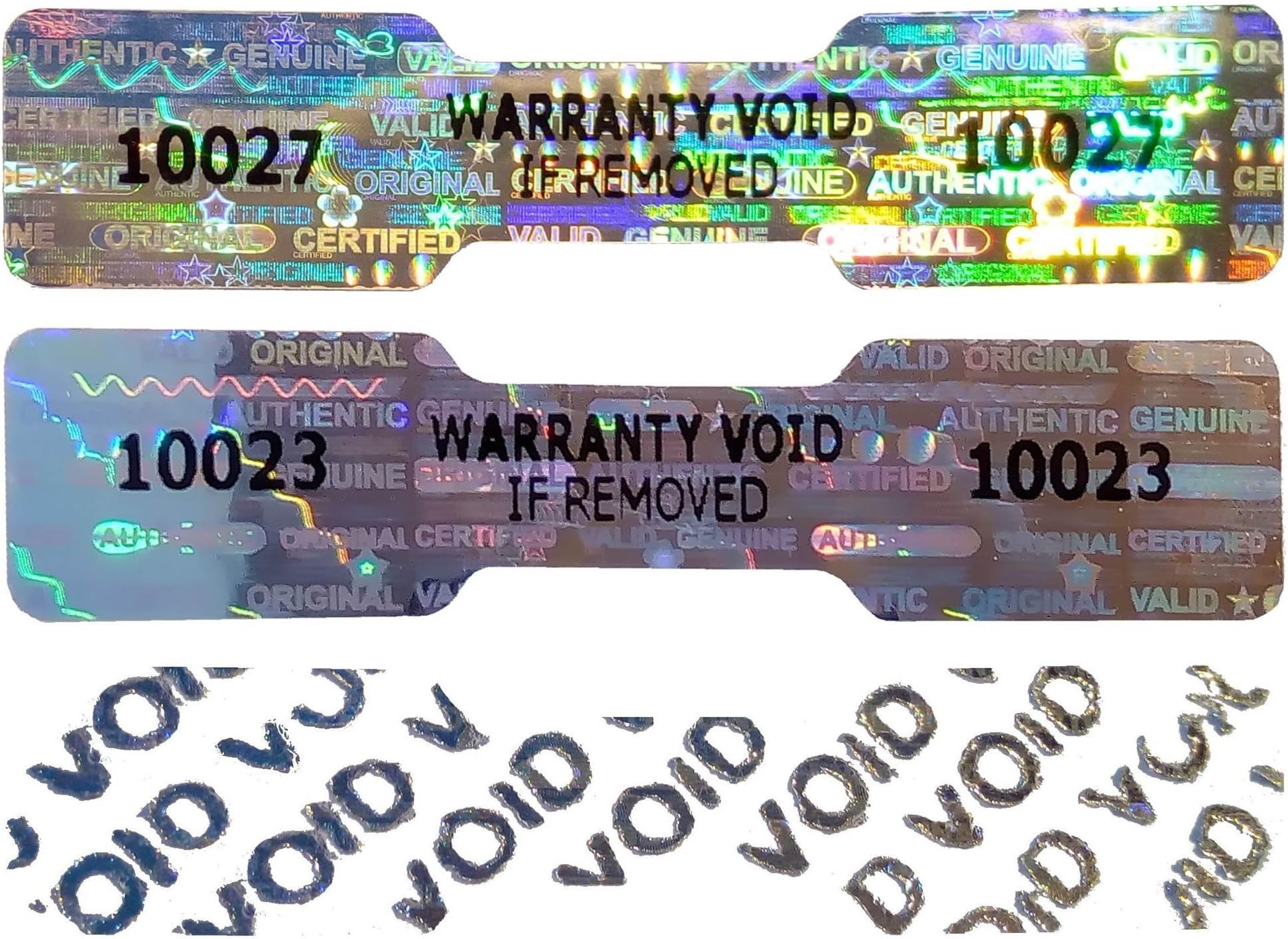 150x DOGBONE/DUMBELL Hologram NUMBERED Stickers, 1.8" x 0.4" (45mm x 10mm), Silver Labels, Tamper-Evident, Secure, Valid, Authentic, Warranty, Security