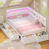 ADORNEVE Full Corner Bed Frame with 8 Storage Drawers and LED Lights, White | Full Daybed with 6 Storage Pockets, Upholstery Platform Bed with L-Shaped Upholstered Guardrail for Boys, Girls, Kids