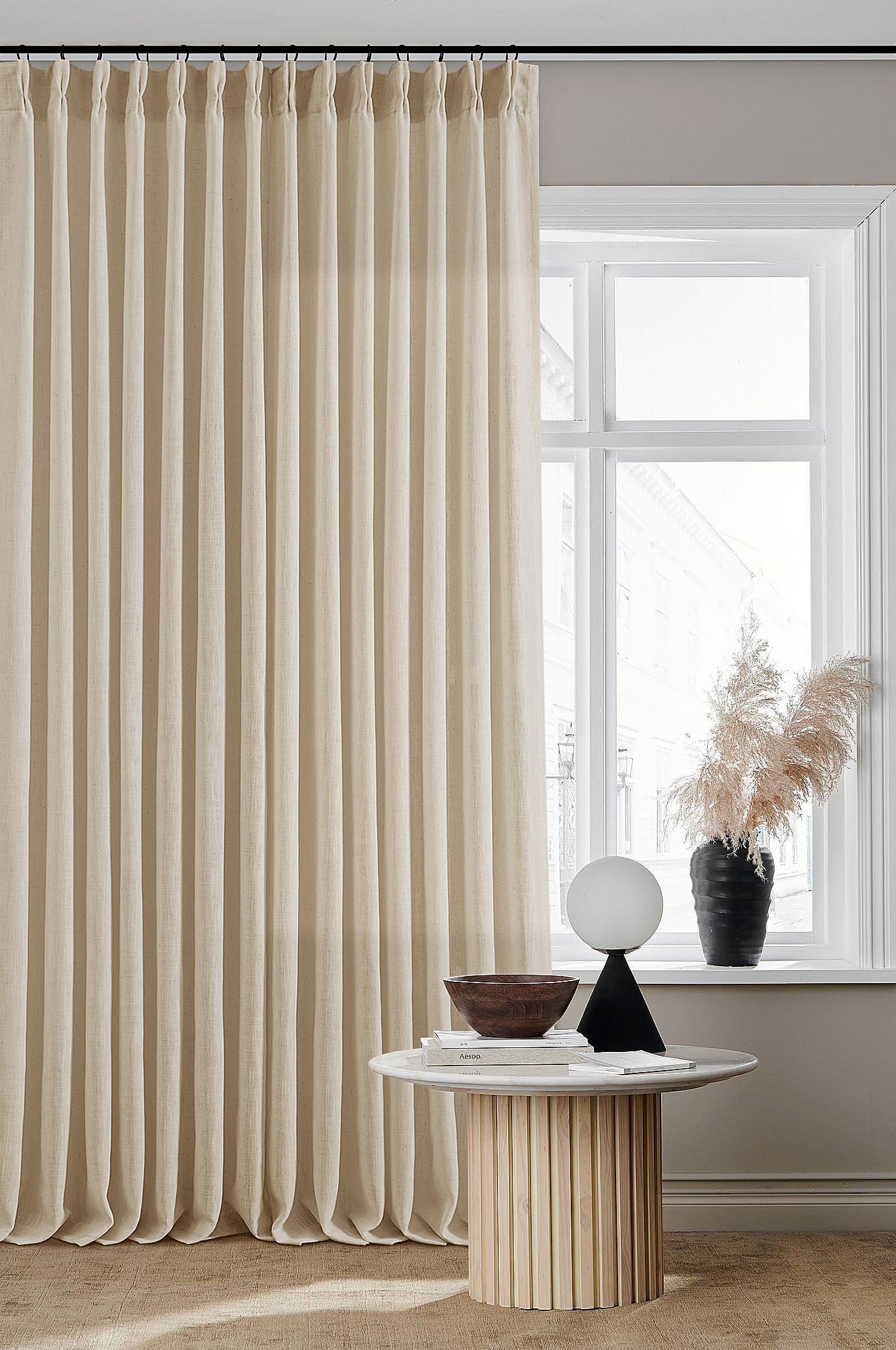 Photo 1 of Beige Flax Linen Curtains 96 Inches Long for Living Room Dining 2 Panels Burlap Textured Pinch Pleated Drapes Hooks Farmhouse Neutral Light Filter Semi Sheer Tan Sand 96 Inch Curtain for Bedroom 8 Ft