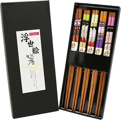 EXZACT 5 Pairs Natural Bamboo Chopsticks Gift Set Handmade Box Japanese Style