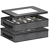 Aokeyee 2-Pack Silverware Storage Box, Sturdy Flatware Organizer with 5 Compartments & Adjustable Dividers, Utensil Case with Clear Lid & Handle for Knives, Forks & Spoons, Gray