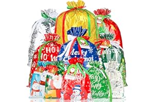 RBONIGHT 38PCS Christmas Drawstring Gift Bags of Assorted Sizes Small Medium Large Jumbo, Holiday Bags with Colorful Drawstrings for Xmas Party Favors,Christmas Presents