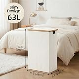efluky Slim Laundry Basket with Lid 63L Narrow Foldable Beige Linen Bamboo view 2
