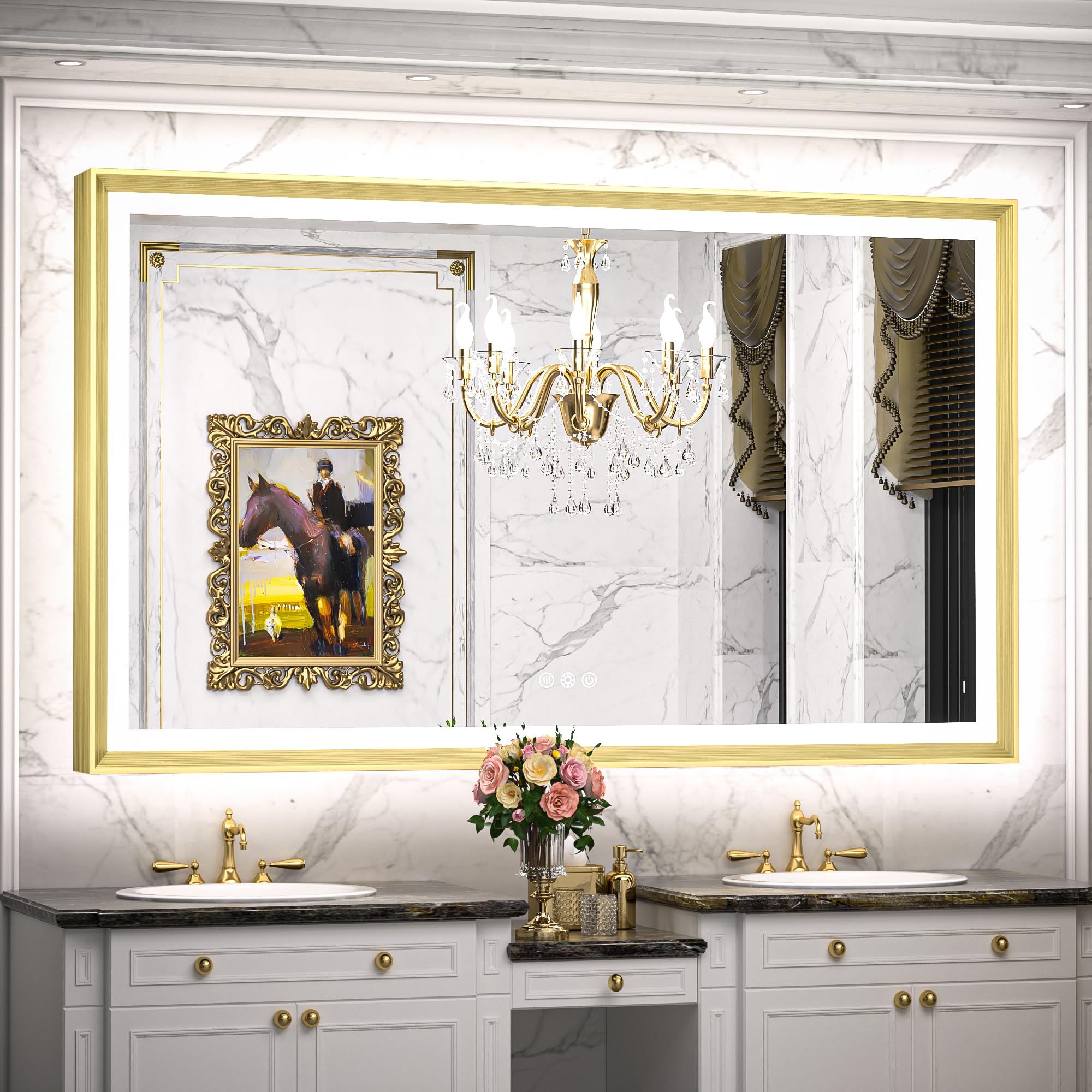 Photo 1 of TokeShimi 60x36 Inch LED Bathroom Vanity Mirror with Front Lights and Backlit Gold Aluminum Rectangle Frame Beveled Edge Tricolors Stepless Dimmable Anti-Fog Memory Function for Modern Decor