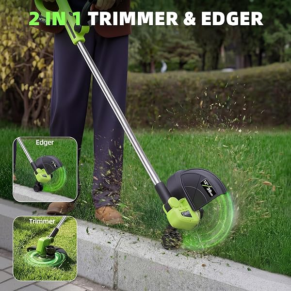 21V WEED WACKER CORDLESS & LAWN EDGER, 9000RPM ELECTRIC WEED EATER WITH 2X2.0AH BATTERY, 12″ AUTO LINE FEED STRING TRIMMER WITH 8 PCS SPOOLS, LIGHTWEIGHT EDGER LAWN TOOL FOR YARD, GREEN