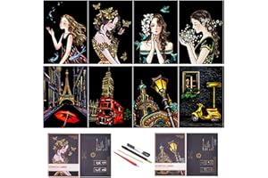 Rainbow Scratch Painting Paper By BOTEEN, City Series Night Scene,Scratch Painting Creative Gift,Scratchboard for Adult and Kids,with 4 Tools,Size:11.7''x8.3''（8pack）
