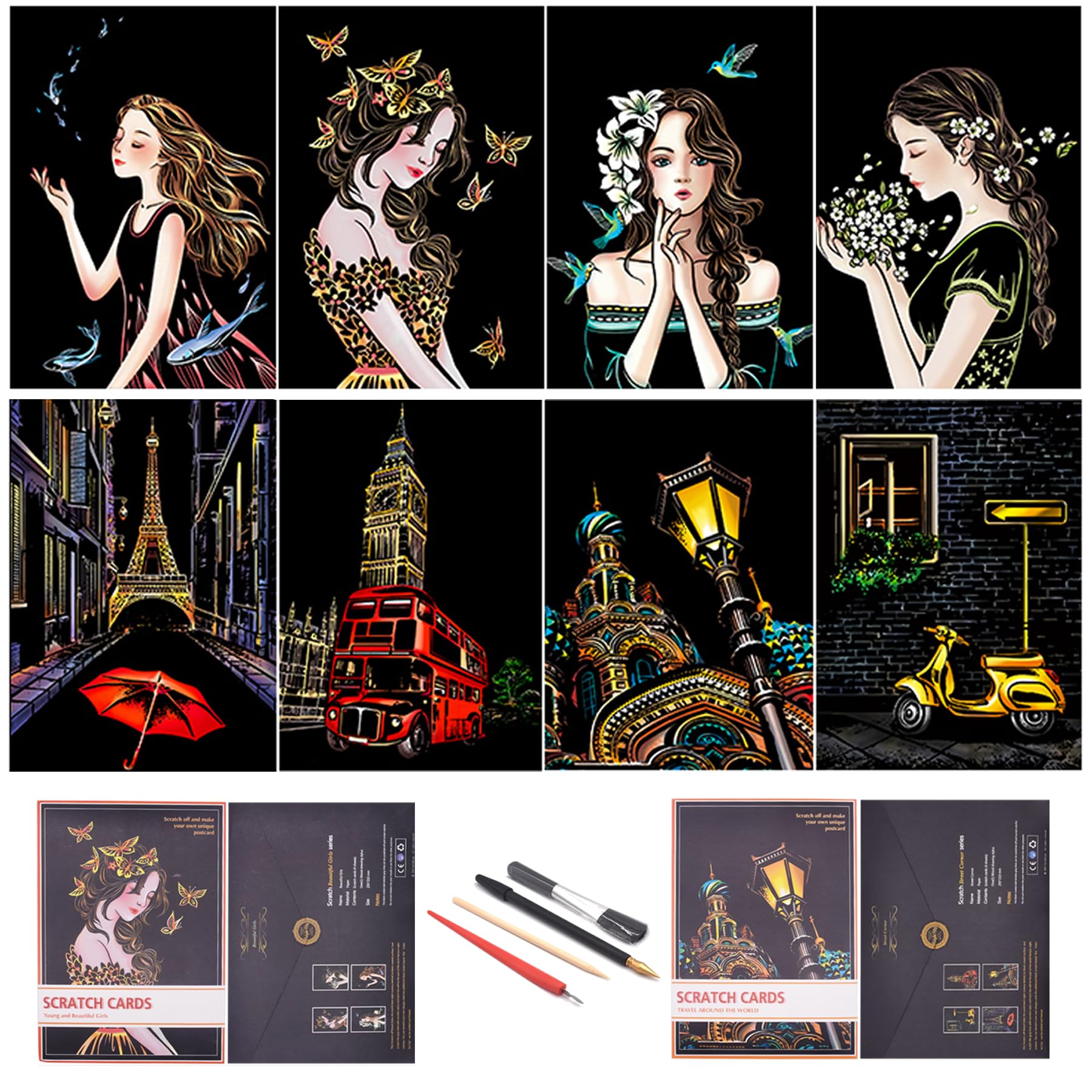 Rainbow Scratch Painting Paper By BOTEEN, City Series Night Scene,Scratch Painting Creative Gift,Scratchboard for Adult and Kids,with 4 Tools,Size:11.7''x8.3''（8pack）