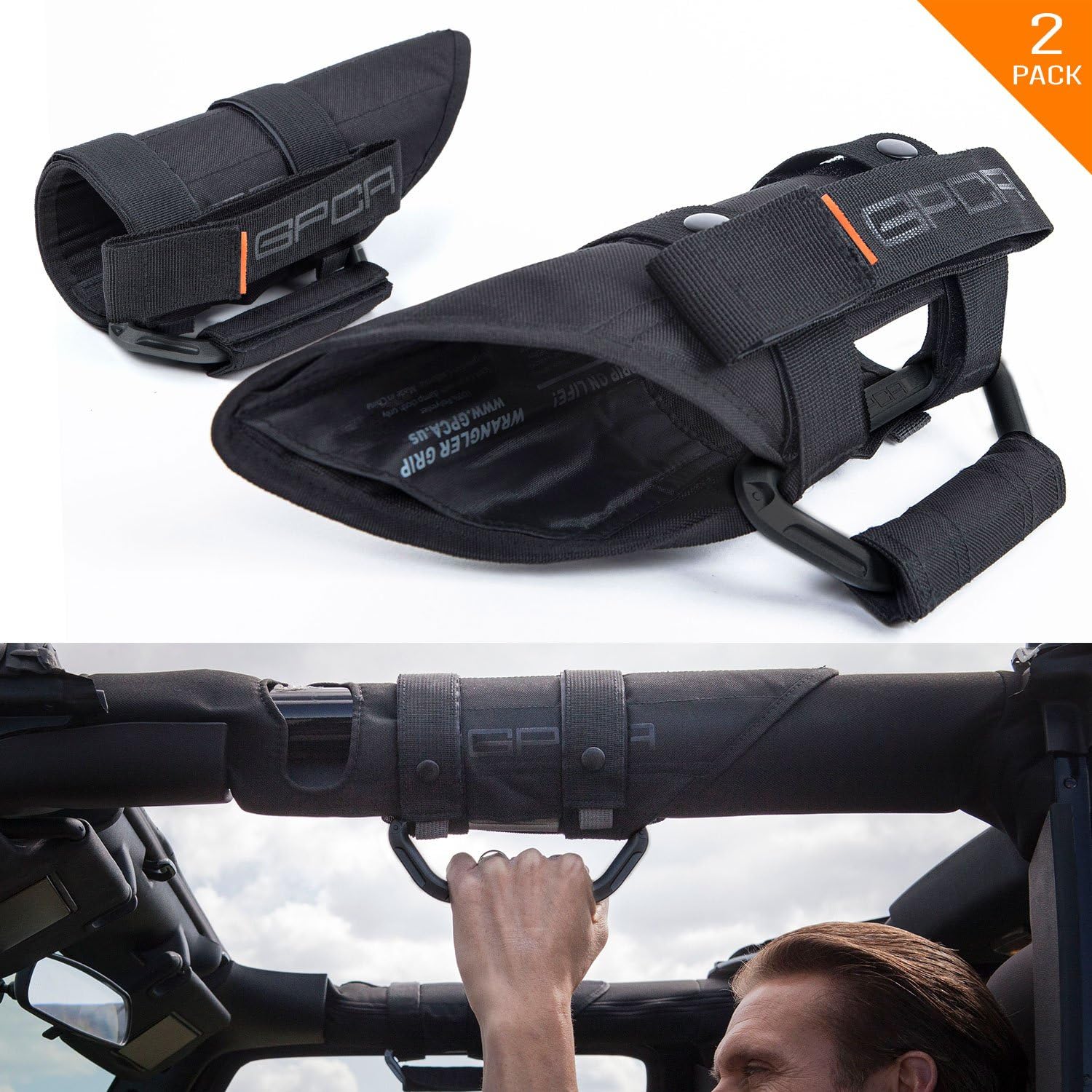 GPCA GP-Grip PRO Grab Handle for Jeep Wrangler JL JT JK Sport Sahara Rubicon Gladiator 4DR/ 2DR 2007-2020 w/ 3" roll bar. Universal to Driver and passenger's Sides (Pair, Black on Black)
