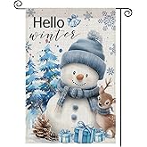 Winter Garden Flag 12×18 Inch Double Sided for Outside,Small Vertical Burlap Blue Snowman Snowflake Christmas Yard Flag for Xmas Welcome Winter Holiday Yard Decoration,Lawn Outdoor Decorative Banner