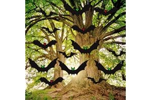 AWEELON 18pcs Hanging Bats Halloween Decorations Outside,Different Sizes Fake Black Bats with Glow in The Dark Eyes for Halloween Outside Tree Yard Porch Decor Supplies