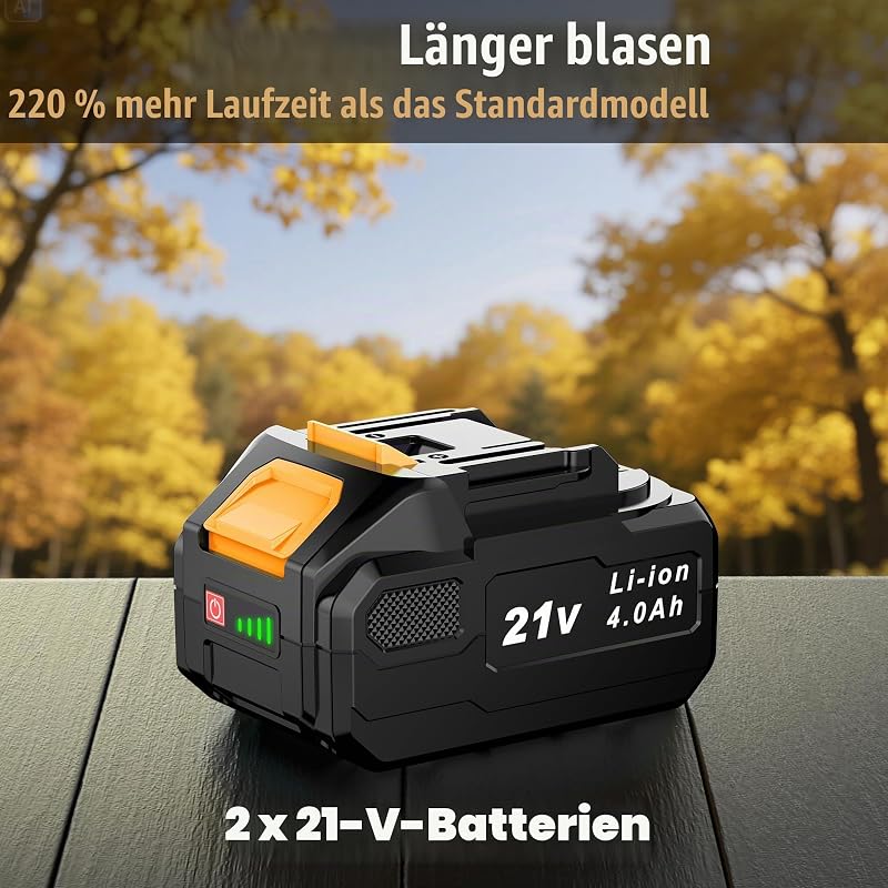 Laubbläser Akku, 21V Laubbläser mit 2 × 4,0 Ah Akkus, 3 Stufen