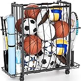 DUDUXI Rolling Sports Ball Storage Cart, Large Capacity Sports Equipment Organizer Garage Ball Organizer with Bat & Racket Holder, Heavy-Duty Sports Equipment Rack with Wheels for Garage Home & Gym
