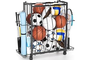 DUDUXI Sports Equipment Organizer Rolling Ball Storage Cart Garage Toy Storage Ball Holder Garage Organizer Sport Rack with Side Bracket for Basketball,Football, Garage, Gym