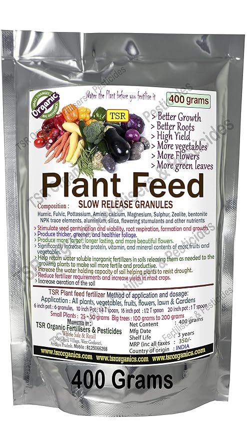 TSR Organic Fertilisers & Pesticides Plant Feed Slow Release Shiny granules 400 Grams for All Types of Fruits, Flowers, Vegetables, Home and Garden Fertilizer