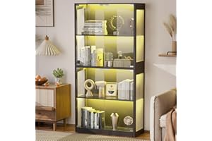 GIODIR 65" Display Cabinet with Glass Doors, 4 Tier Curio Cabinet with 12 Color Lights, Glass Display Cabinets for Collectibles, Toys and Books, High Display Case with 3 Shelves for Home (Black)