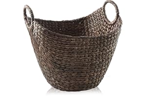 Casafield Large Laundry Boat Basket with Handles - Espresso, Woven Water Hyacinth Multipurpose Storage Organizer for Throw Blankets, Bathroom, Bedroom, Living Room