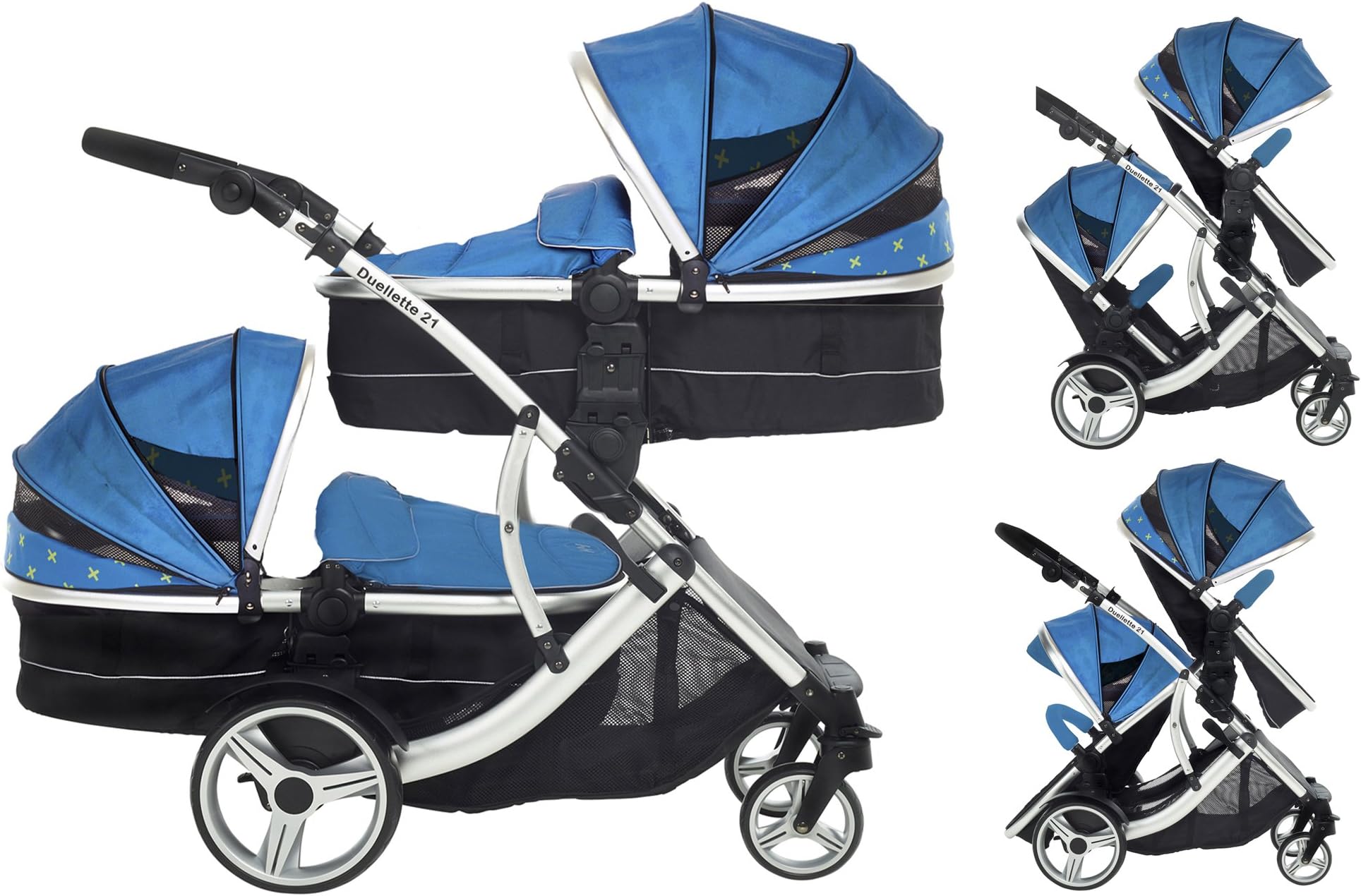 Duellette 21 Combo Twin Tandem Pushchair Baby Newborn carrycots Pram Travel system Tandem stroller buggy: 2 Pramette/seat units, 2 footmuffs 2 Rain covers, Teal mist by Kids Kargo