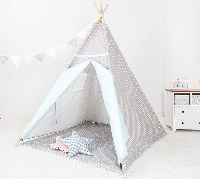 [TIPI ZELT MIT SPIELMATTE] Indianerzelt für Kinder - für Kinderzimmer - Wigwam 140x120x120cm - Tipi tent Baumwollsegeltuch - 
