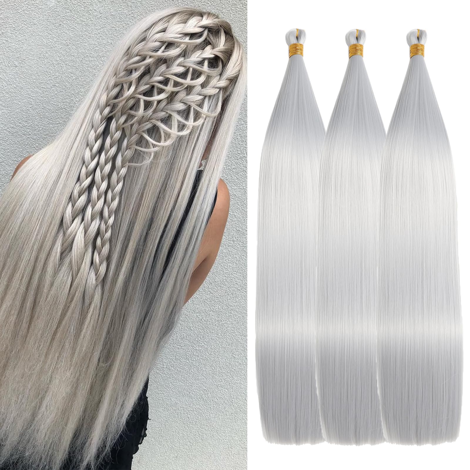 Locescsoc 24 Inch Bone Straight Braiding Hair 150g 3 Packs Straight Hair Extensions, Ariel Straight Hair Bundles, Silky Soft Synthetic Hair for Women (Grey#)
