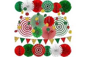 SANDEYE Christmas Party Decorations Paper Fans,Garlands String Circle Dot,Triangle Bunting Flags, Honeycomb Ball,Paper Tissue Pom Poms,Party Supplies for Christmas Birthday Wedding Baby Shower