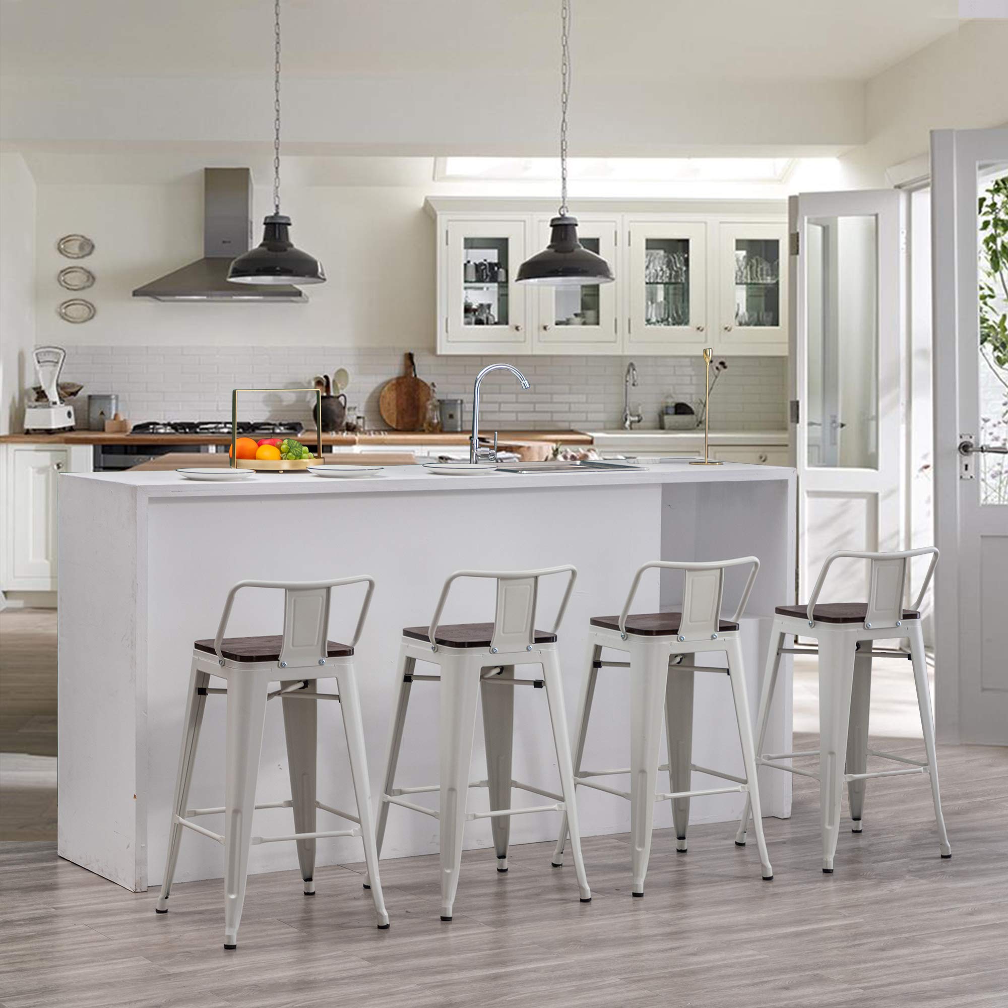 Andeworld Metal Bar Stools Set of 4 Kitchen Counter Stools Bristro Barstools Industrial Bar Stools (26 Inch,White with Wooden Seats)