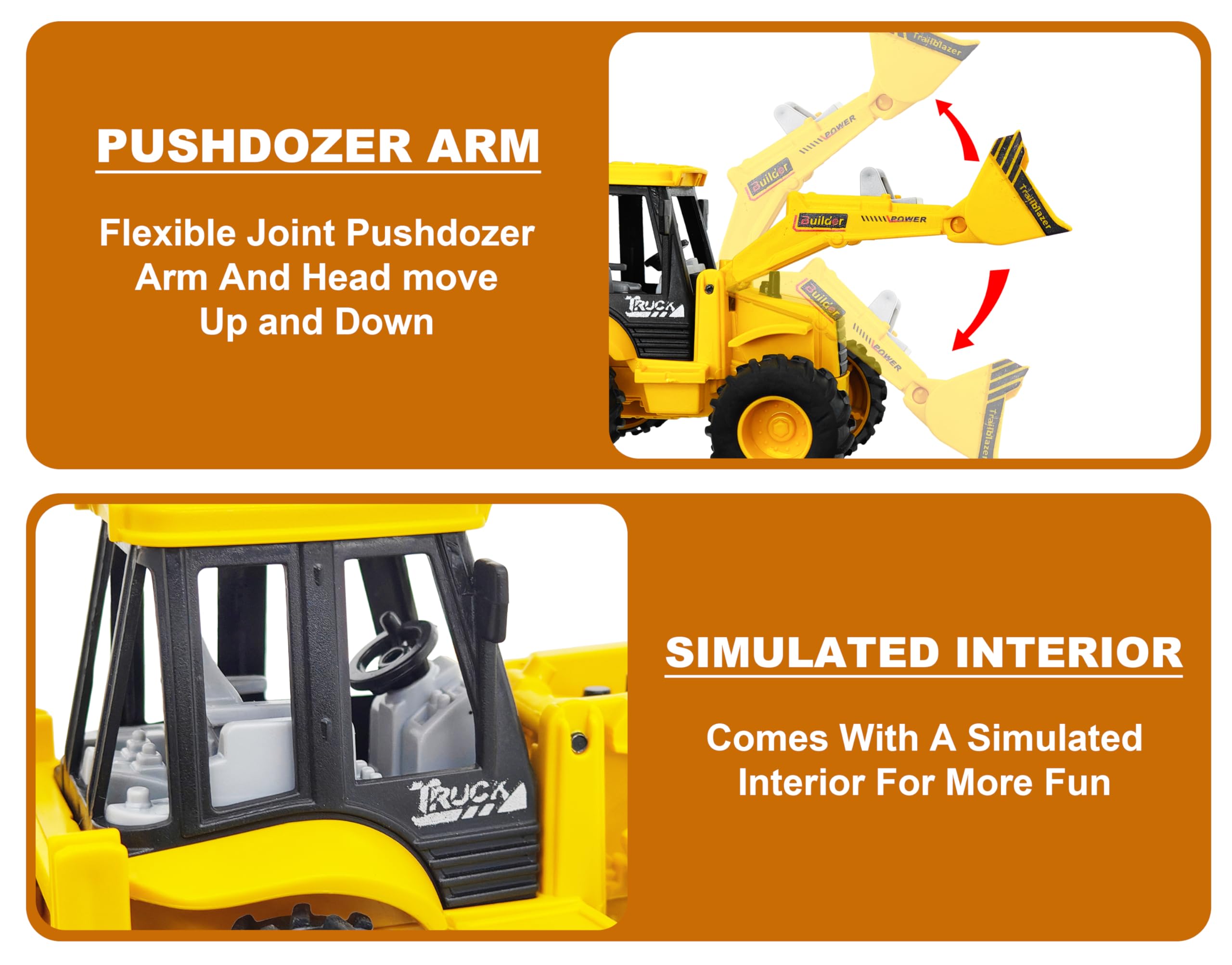 VGRASSP 2-in-1 Bulldozer & Excavator Construction Vehicle Toy for Kids with Movable Shovel Head, Excavator Arm, Durable Friction Wheels - Indoor & Outdoor Truck Toy - Multicolor (12 Inch) 4