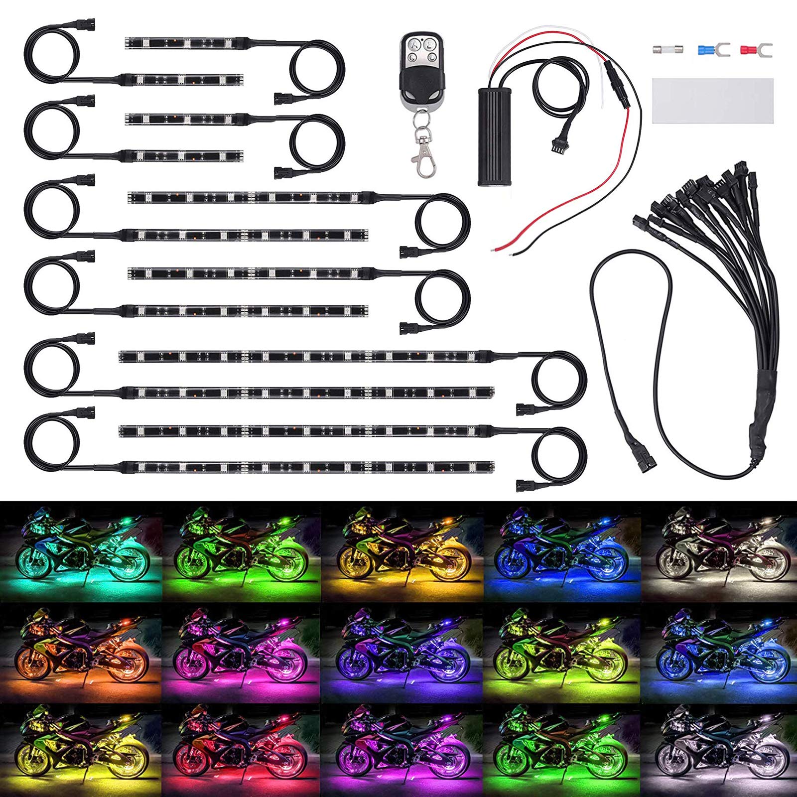 Justech 12pcs Motorcycle Light Strip Kit 15 Colors RGB 72LED Neon Flexible Light Strip Kit Wireless Remote