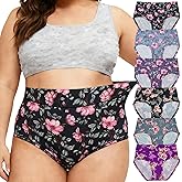 Feihtl Women's Underwear Plus Size Panties XL-5XL Ladies Briefs Mid High Waisted Full Coverage Floral Undies 6 Pack