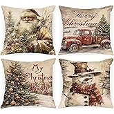 Lanpn 18x18 Christmas Throw Pillow Covers Set of 4, Christmas Pillow Cover Vinage Xmas Tree Truck Snowman Santa Pillow Case Holiday Decorative Cushion Covers for Home Room Sofa Couch Decor