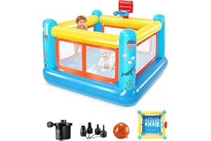 AKEYDIY Inflatable Bounce House, Small PVC Bounce House for Kids 3-6 Indoor&Outdoor Bouncy House with Basketball Hoop & Hopscotch Game, Air Pump Included