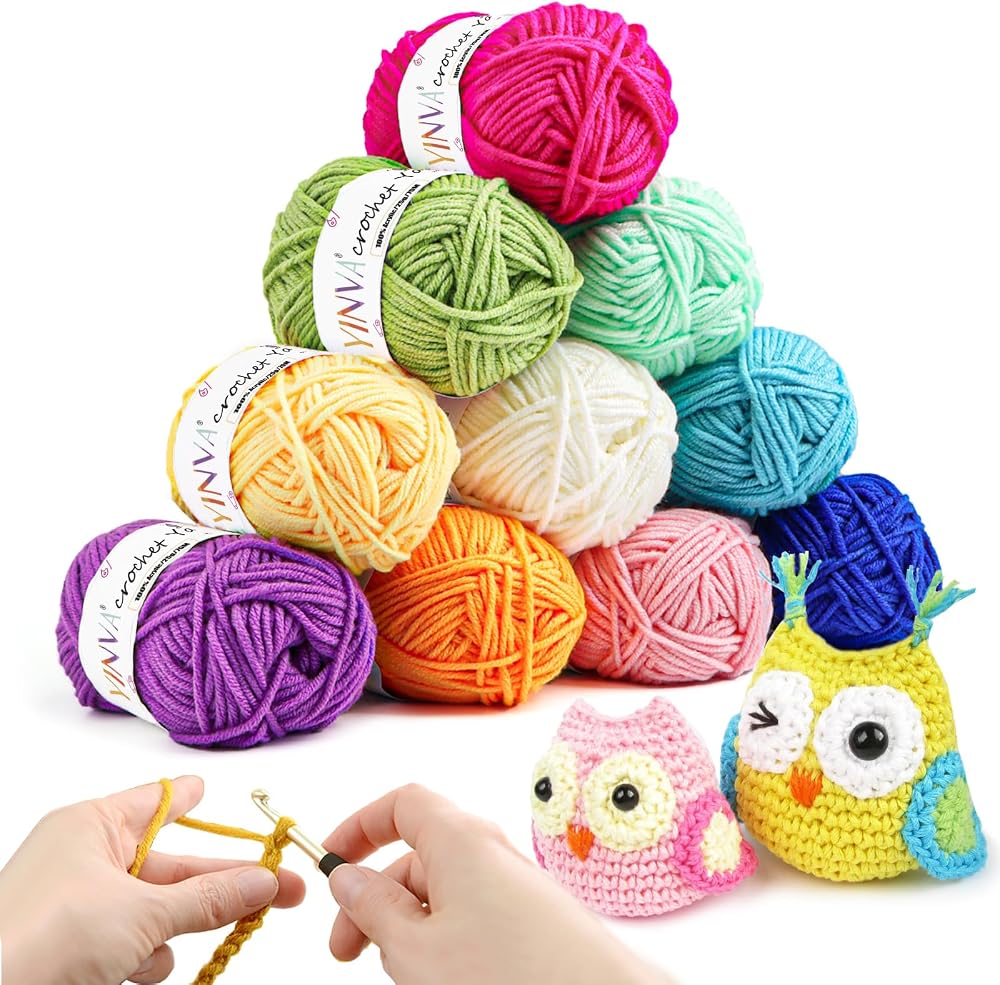 YINVA Crochet Yarn Set Acrylic 10 Colors 25g Each for Beginners Adults