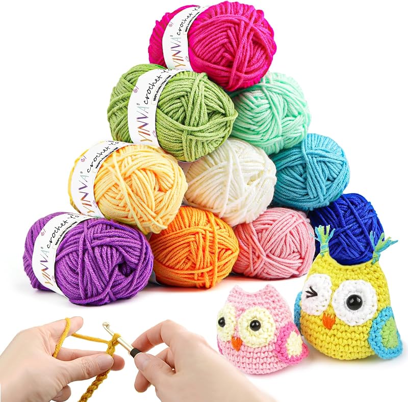 YINVA Crochet Yarn Set Acrylic 10 Colors 25g Each for Beginners Adults