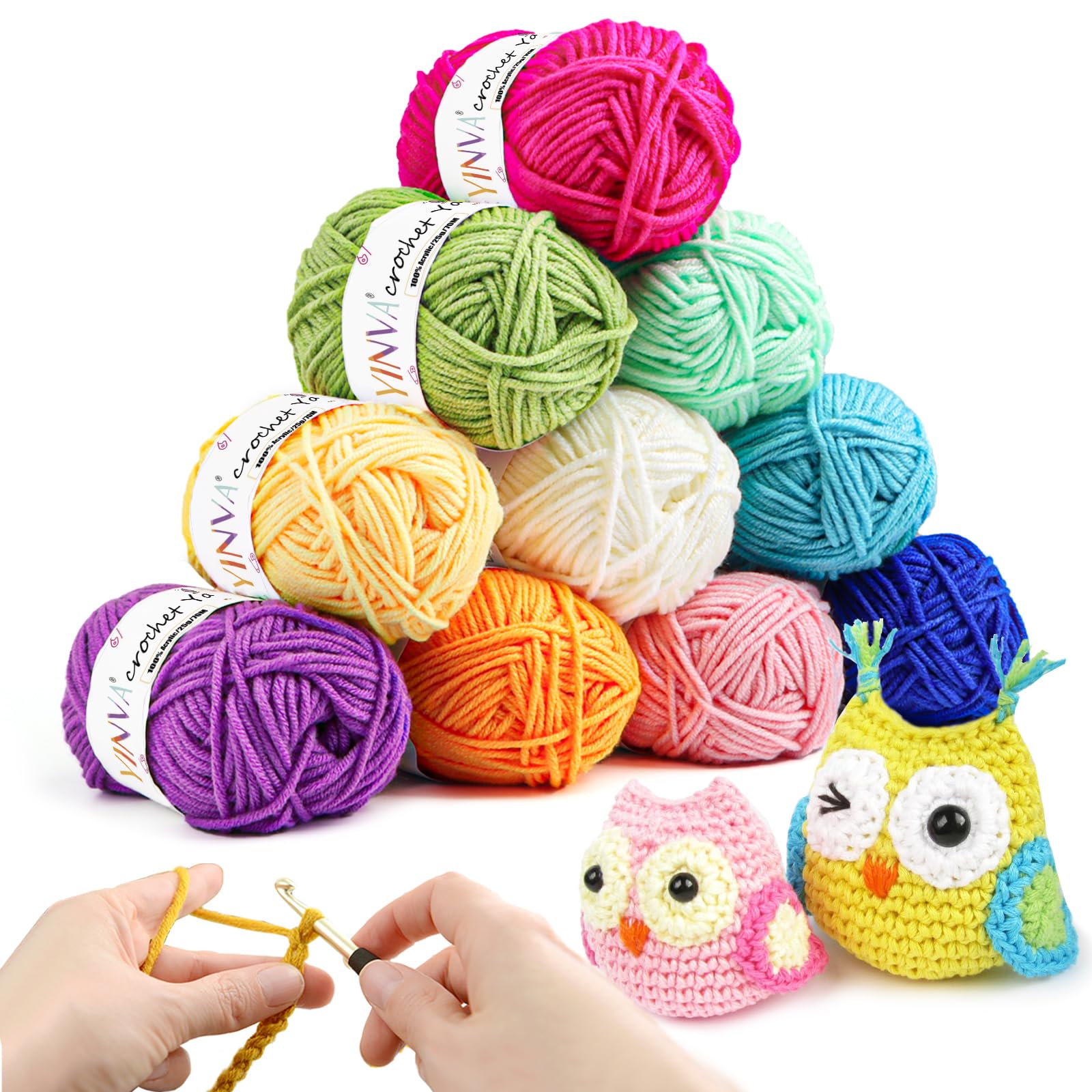 YINVA Crochet Yarn Set Acrylic Yarn Knitting Wool 10 Colors x 25g Each for Beginners Adults Multi-Color