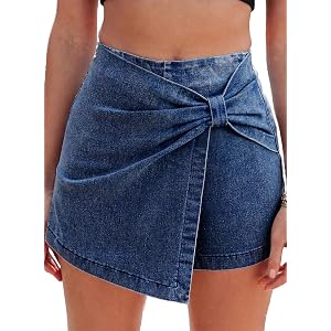 Sidefeel Skorts Skirts for Women Casual Summer Bowknot High Waisted Jean Shorts Stretchy Denim Mini Skirt NO Pocket