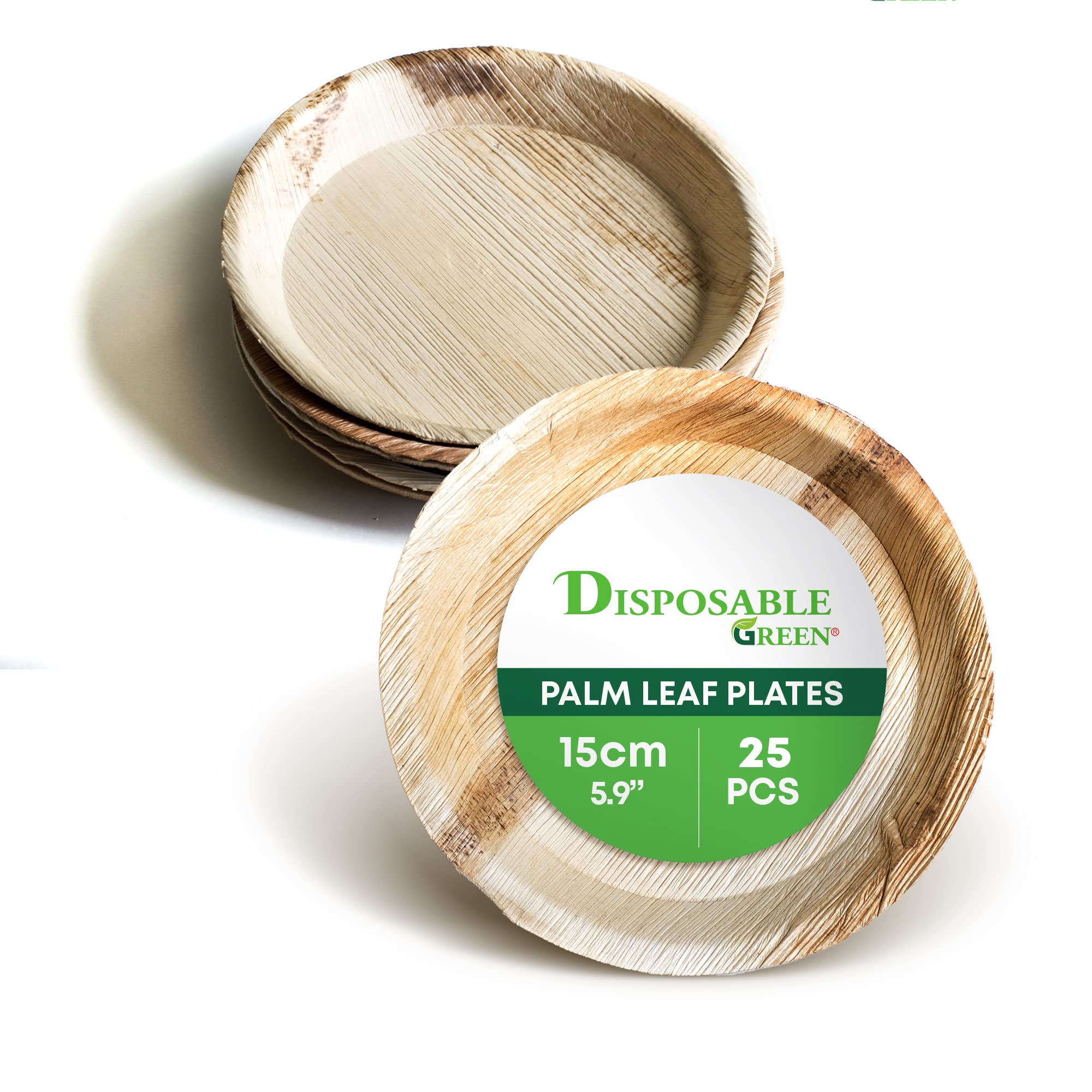 DISPOSABLE GREEN – Round Disposable Plates, Areca Leaf Serving Plates, Dinner Plates for Parties, Weddings, Catering, & More, Disposable Plates for Hot Food & Cold Food, 15 x 2cm, 25-Pcs