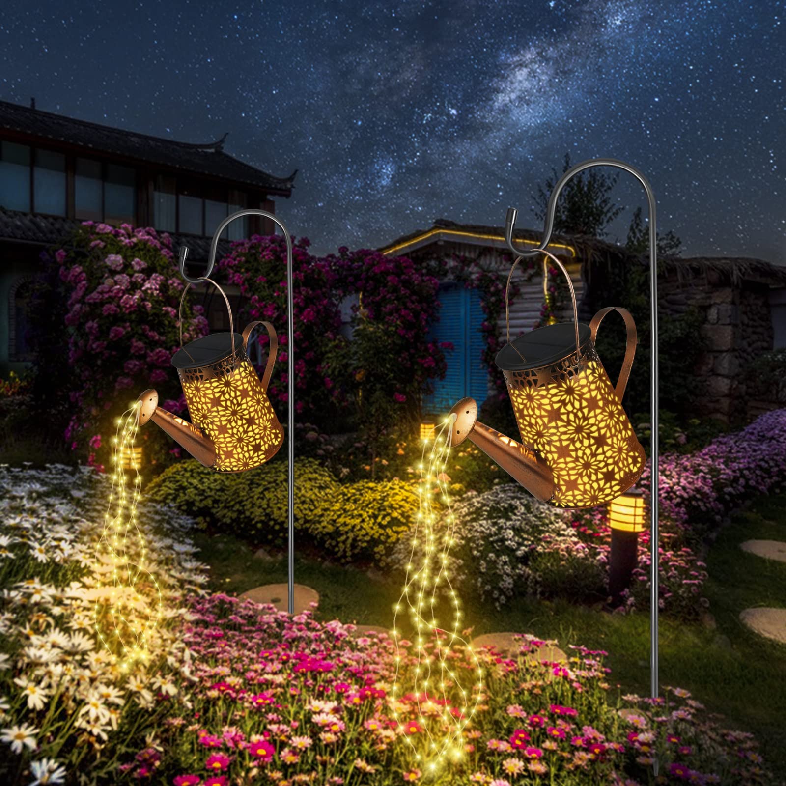 FLSEPAMB Watering Can Solar Lights Garden (2 Pack), IP65 Watering Can with Cascading Lights, Warm Watering Garden Light Decor with Bracket for Pathway, Yard, Patio, Backyard, Bronze, (HSD)