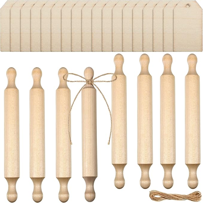 8 Pieces 7 Inch Wooden Mini Rolling Pin with 20 Pieces Wooden Crafting