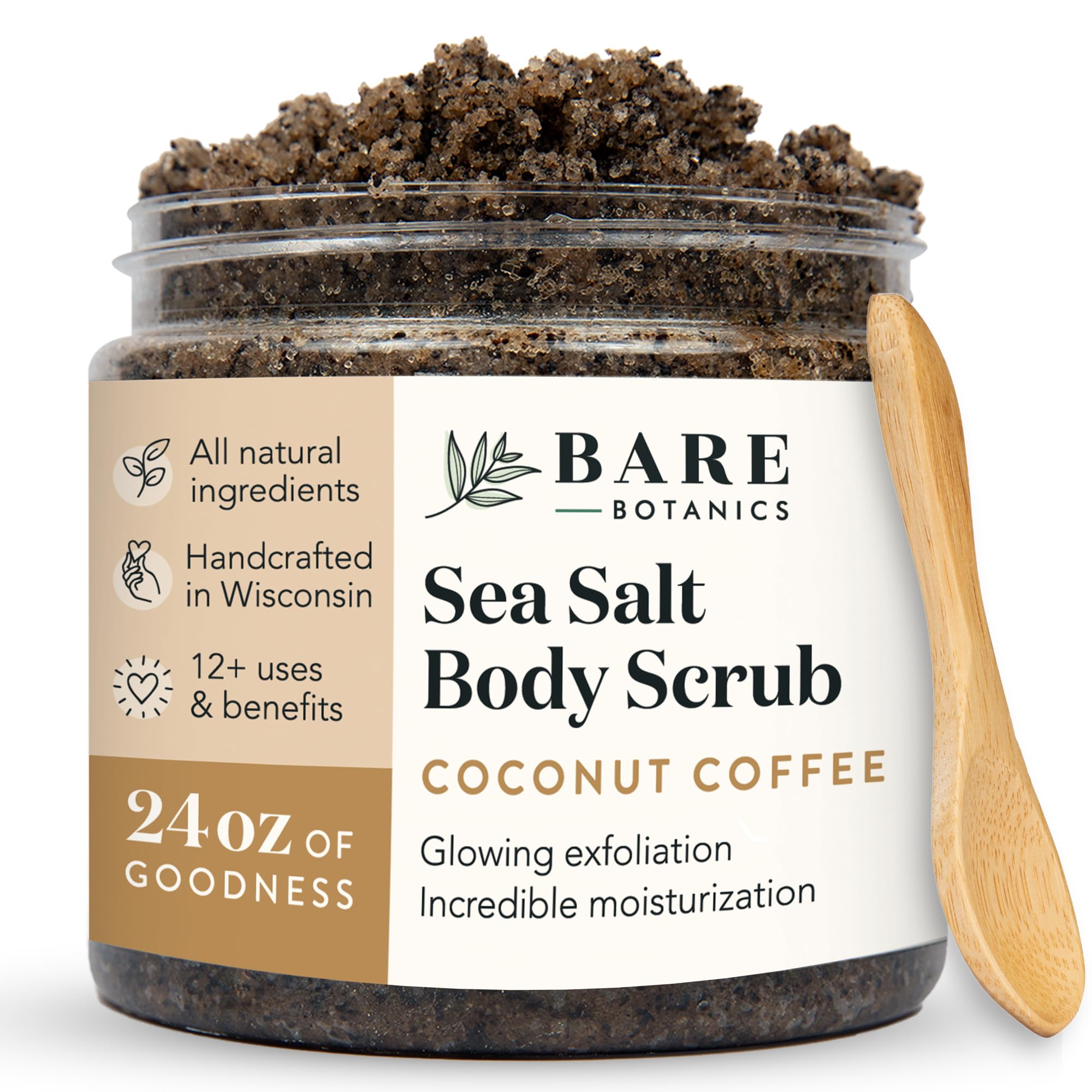 Bare Botanics Coconut Coffee Body Scrub 24oz | Made in USA | All Natural Sea Salt Scrub w/Skin Loving Moisturizers | Vegan & Cruelty Free | Ready to Gift w/a Cute Wooden Spoon