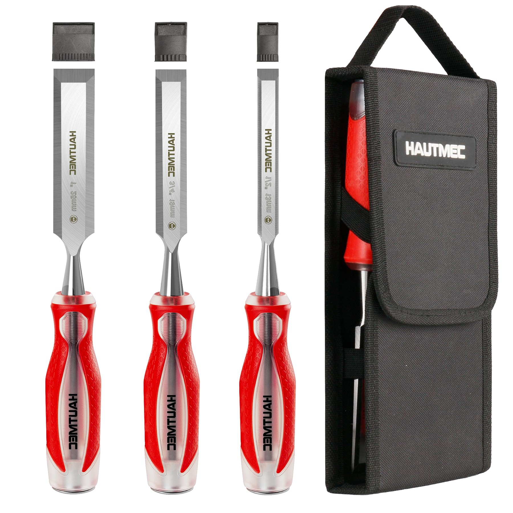 HAUTMEC Wood Chisel Sets, 3 Piece Chisel Set for Woodworking, Full Tang Drop-Forged CR-V Steel Beveled Edge Blades with Carry Storage Bag and Ergonomic Non-Slip Handles