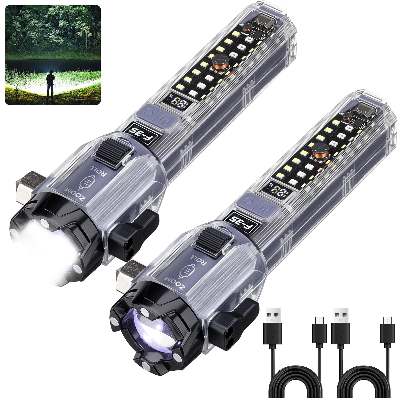 Photo 1 of Car Emergency Flashlights Rechargeable 2Packs, 990,000L High Lumens Car Flashlight Emergency Kit, 7 Modes Tactical LED Flash Light with Window Breaker, Belt Cutter, Alarm Buzzer, Magnet, USB C for Car