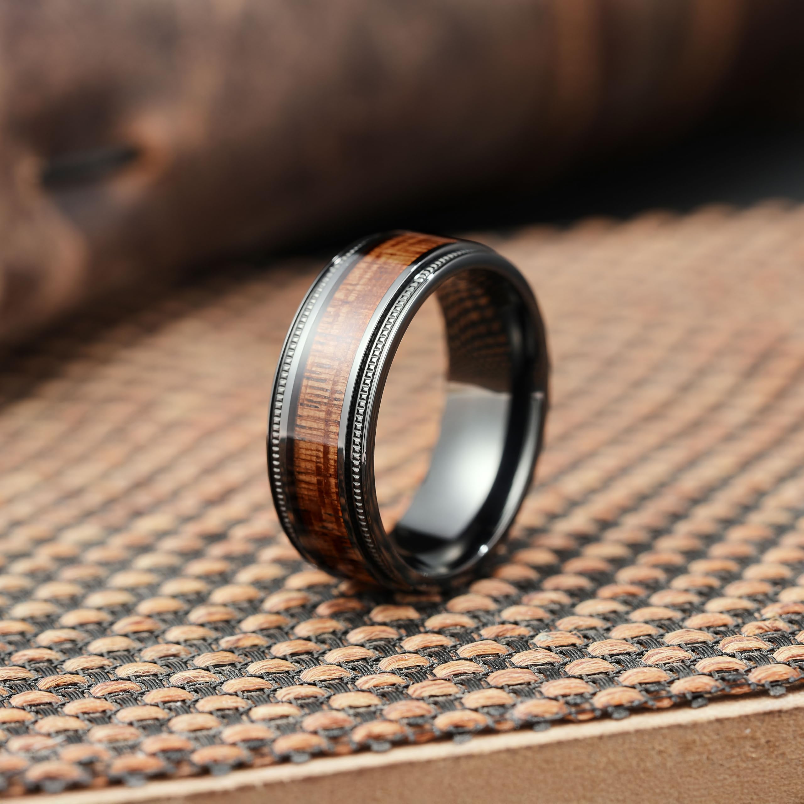 King Will Titanium Wedding Band for Men 7-8mm Black/Silver/Gold Titanium Men Ring with Koa/Maple Wood Inlay, Wooden Wedding Ring for Men Women Comfort Fit Size 6-14