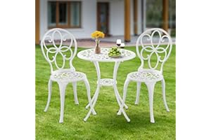 Withniture 3 Piece Cast Aluminum White Bistro Set Outdoor Bistro Table and Chairs Set of 2, Bistro Patio Table Set with Umbrella Hole,Patio Furniture Set for Garden,Front Porch.White