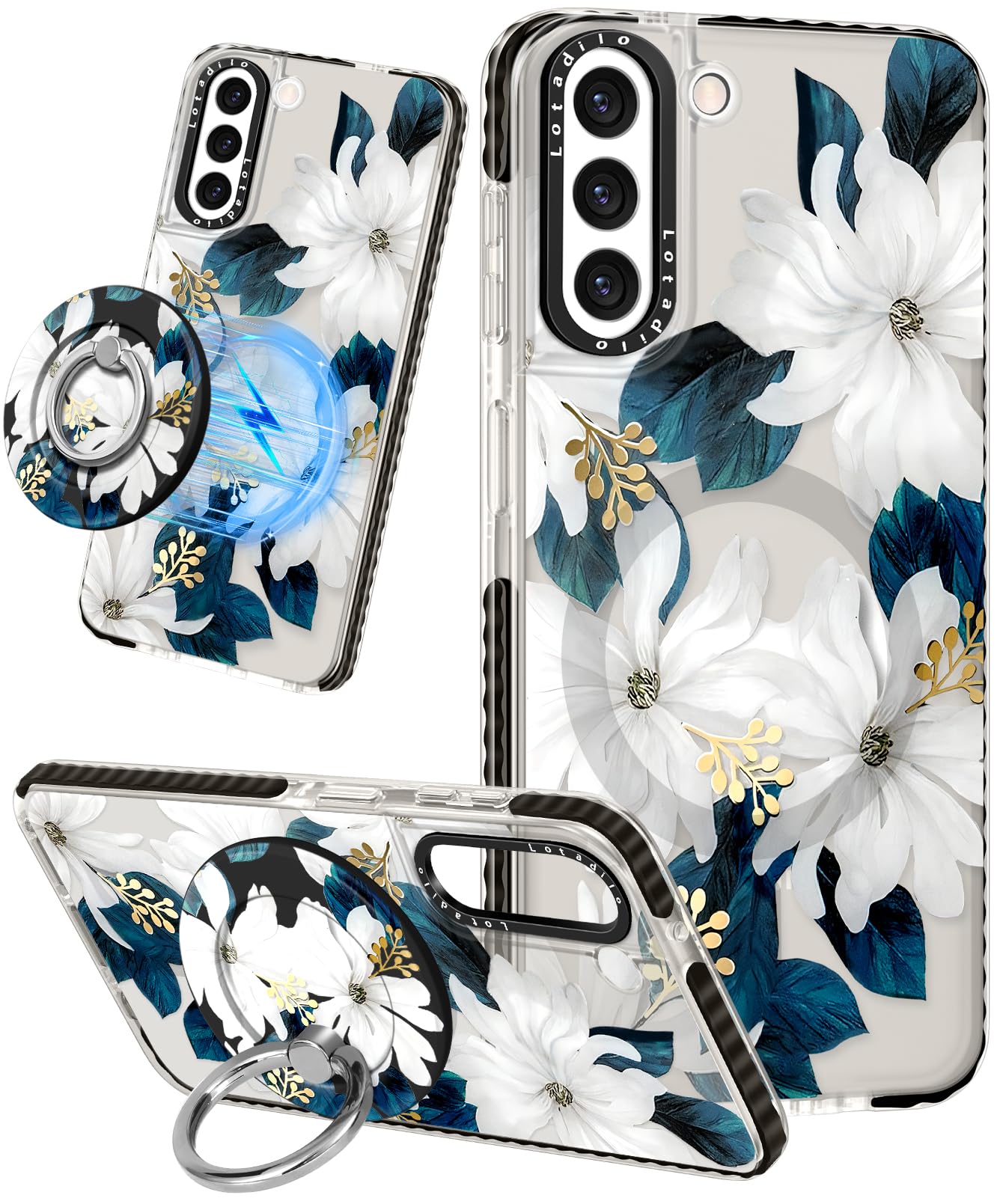 Photo 1 of Lotadilo Cute Case for Samsung Galaxy S22 Plus for Women Girls - Funny Design Compatible with Magsafe Magnetic Ring Holder Kickstand Art Blue Flower Fashion Pattern TPU Phone Covers