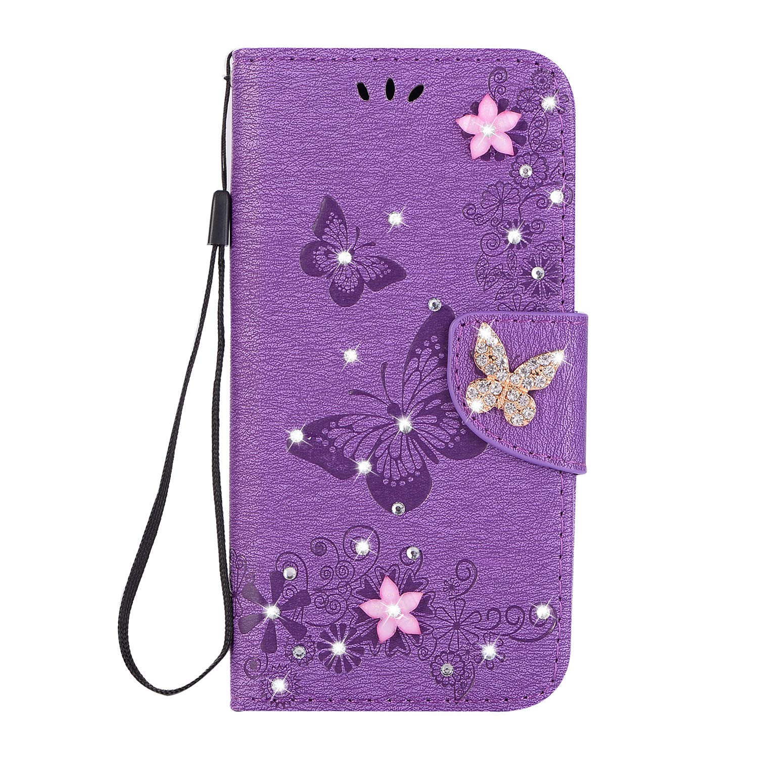 Mo-Somnus For iPhone XR Case [Free Tempered Glass Screen Protector], Bling Sparkly Diamonds Butterfly Design Premium PU Leather Flip Wallet Case Cover For iPhone XR (2018) - 6.1" (Purple)