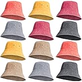 Bonuci 12 Pcs Washed Cotton Bucket Hat Bulk for Men Women Wide Brim Outdoor Sun Hat Foldable Bucket Hats for Fishing Hiking Travel Beach Sports, 6 Colors