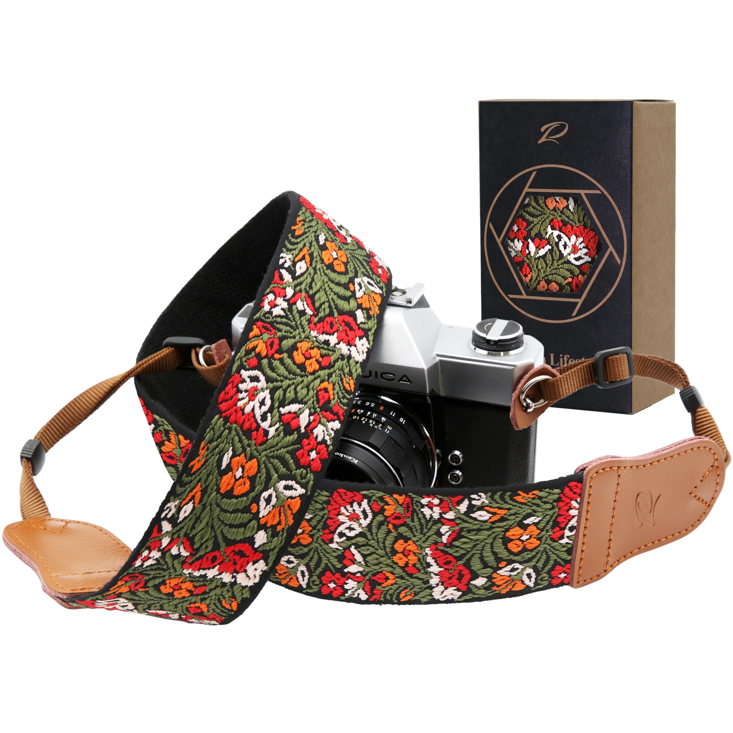 Padwa Lifestyle Green Flower Camera Strap - 2" Wide Cowhide Head, Embroidered Cotton Woven Vintage Camera Straps,Universal Neck & Shoulder Strap for All DSLR Cameras and Men & Women Photographers