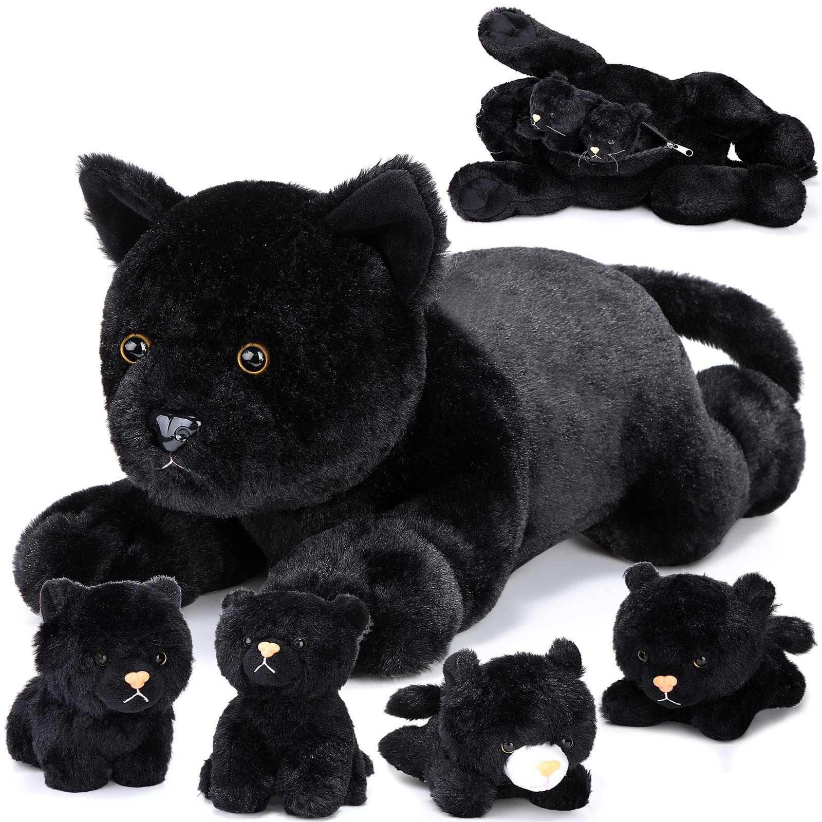 Skylety 5 Pieces Cat Stuffed Animal with Babies Inside Belly pregnant Cat Plush mommy kitty with 4 Cute Fluffy Stuffed Kittens Easter Birthday Surprise Gifts(Black)