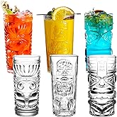 Binsakao Tiki Glasses Set of 6 - 14 Oz Highball Glasses for Cocktails - Modern Clear Tropical Cups Tumbler Set - Mixed Drinking Glass for Hawaiian Bar Island Party Beverages Iced Tea
