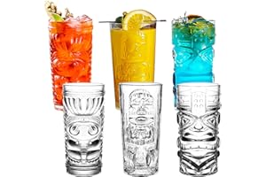 binsakao Tiki Glasses Set of 6-420 ml Highball Glasses for Cocktail - Modern Clear Tropical Tiki Cups Tumbler - Mixed Drinkin